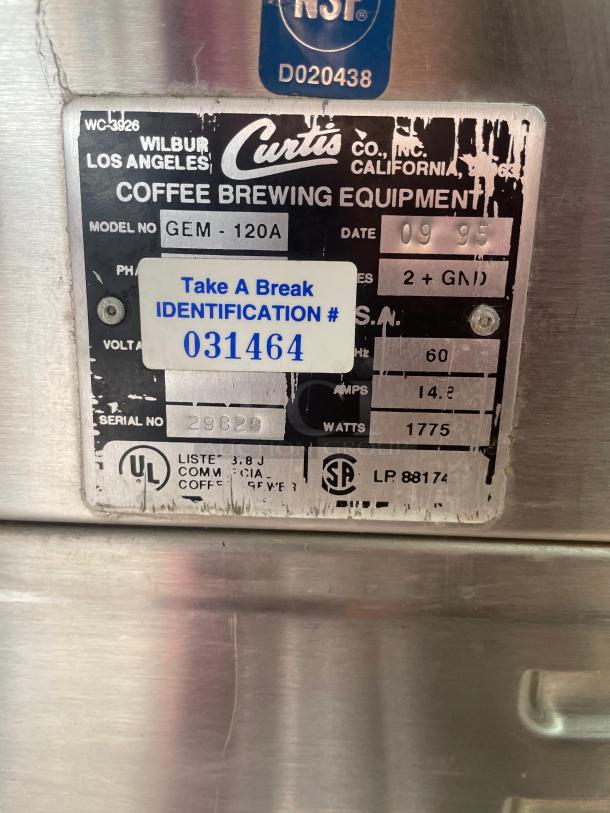 Wilbur Curtis GEM-120A coffee brewer tag, identifying model, serial no. 29829, 115V, 1775W, commercial use, dated 09/95.