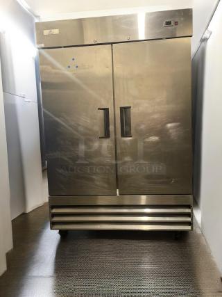 Cooler Depot XB54F-HC commercial refrigerator, high-grade condition, stainless steel, 115V, dual doors, fully tested.