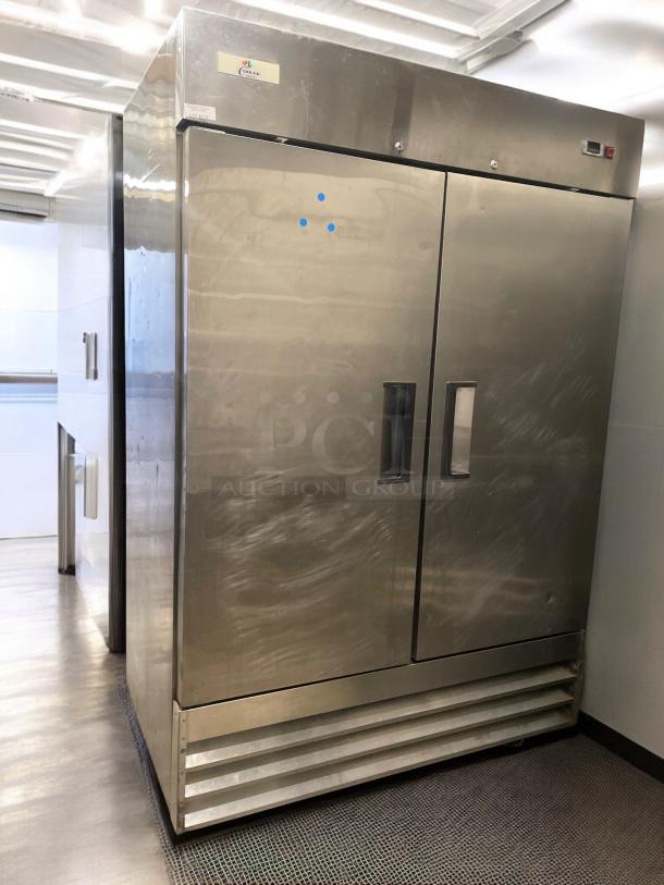 Cooler Depot model XB54F-HC commercial refrigerator, stainless steel, high-grade condition, fully tested, 115V, dual doors.