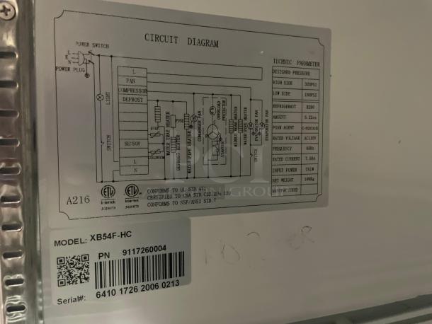 Cooler Depot C-Line XB54F-HC label with circuit diagram; details specifications, certifications, and serial number.