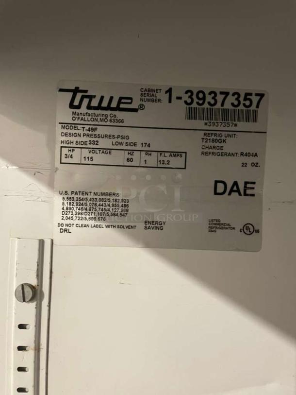 True T-49F Commercial Freezer label, showing model, volts 115, refrigerant R404A, and serial number 1-3937357.