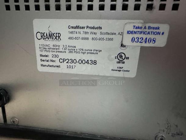 Creamiser 230 Cold Brew Dispenser, excellent condition, with labels showing model, serial number, and electrical specs.