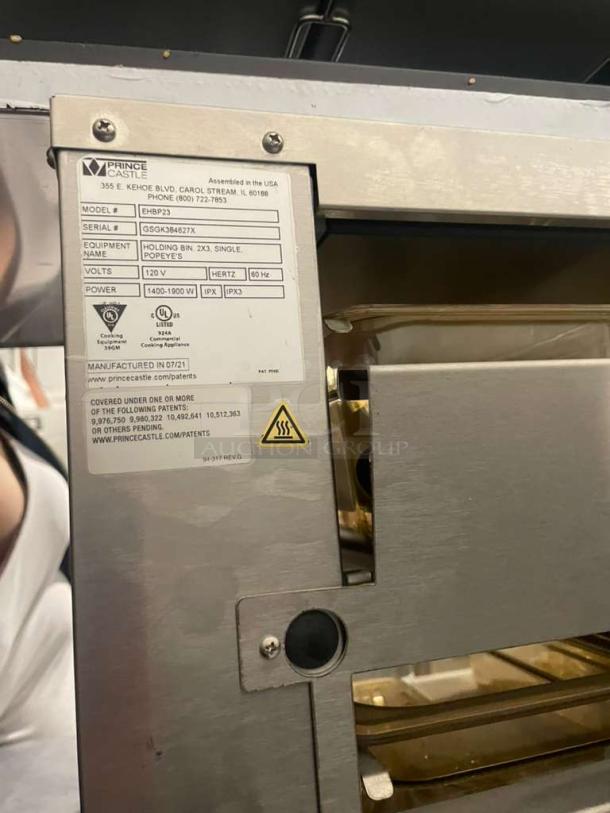 Prince Castle EHBP23 Heated Holding Bin, pristine condition, 120V/single phase, fully tested, product label visible.