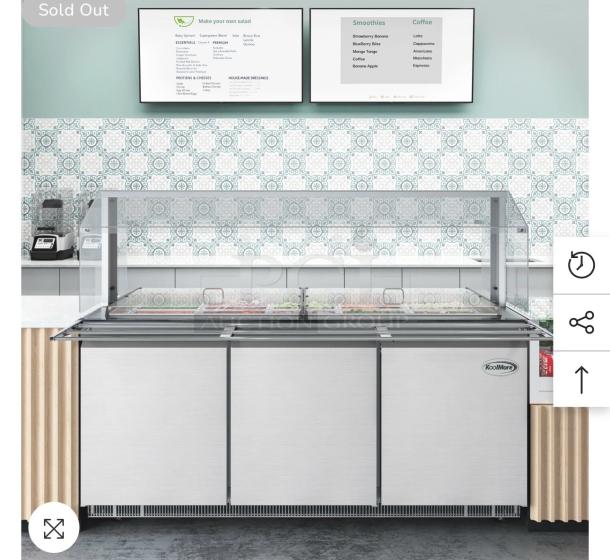 Premium condition KoolMore KM-RBT-72CSFG stainless steel refrigerated prep station, 70.6", 15 pans with covers, fully operational.