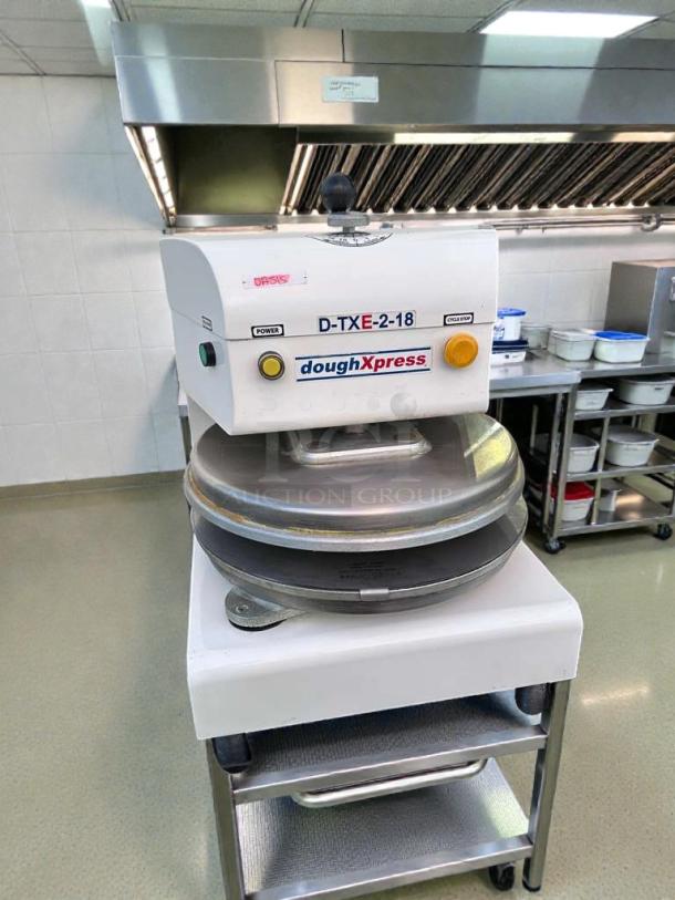 Commercial DoughXpress D-TXE-2-18W LV dough press by HIX Corporation, excellent condition, 18" plate, 208-240V, fully tested.