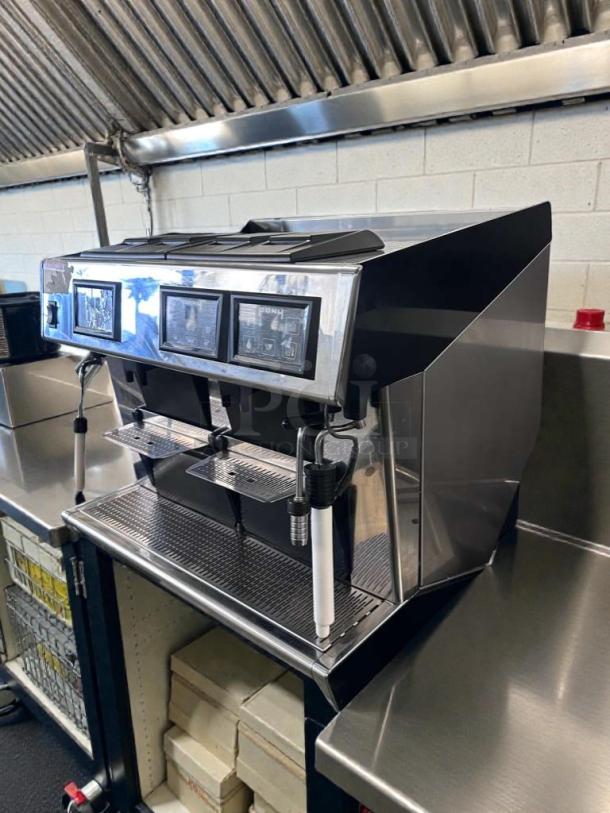 Pony 2 Group Automatic Espresso Machine, touchscreen controls, stainless steel, premium condition, fully tested, Italy-made.