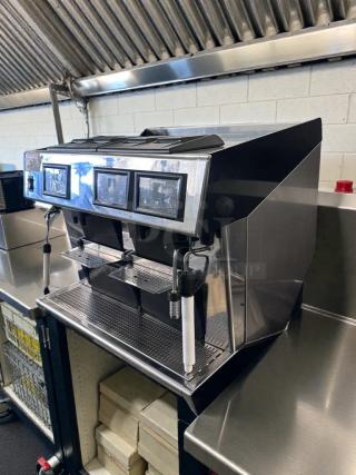 Pony 2 Group Automatic Espresso Machine, touchscreen controls, stainless steel, premium condition, fully tested, Italy-made.