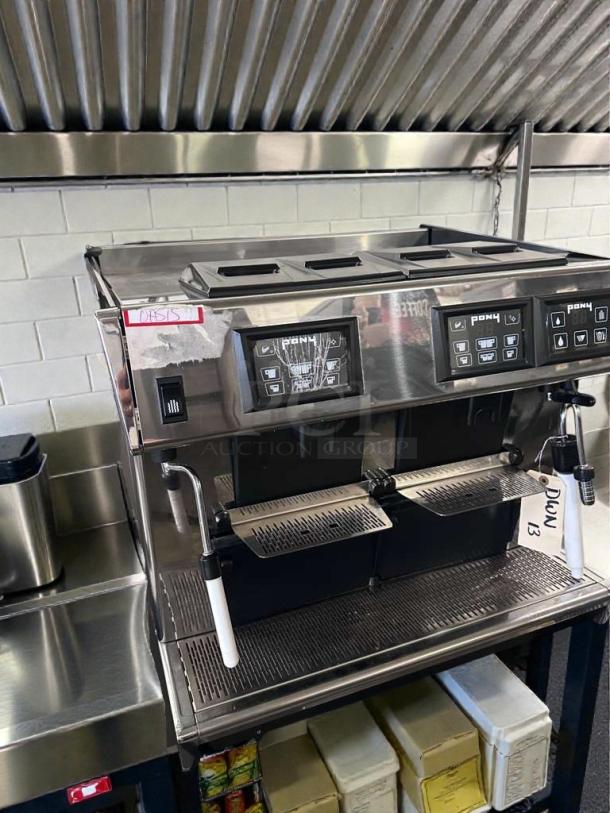 Pony 2 Group Automatic Espresso Machine, touchscreen controls, stainless steel, excellent condition, fully tested.