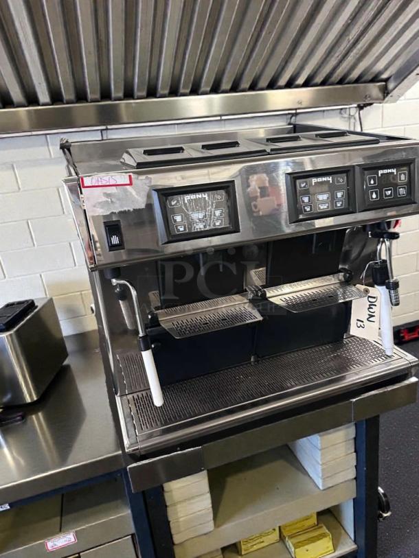 Pony 2 Group Commercial Automatic Espresso Machine, touchscreen controls, stainless steel, fully tested, premium condition.