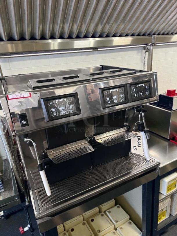 Pony 2 Group Automatic Espresso Machine with touchscreen controls. Stainless steel. Premium condition, fully tested. Model: PONY-L-ESP-0503.