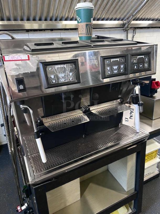 Pony 2 Group Automatic Espresso Machine in stainless steel, premium condition, touchscreen controls, fully tested. Model PONY-L-ESP-0503.