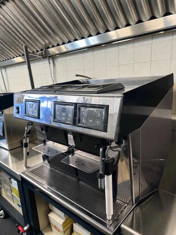 Pony 2 Group Automatic Espresso Machine, stainless steel, touchscreen controls, premium condition, fully tested operational.