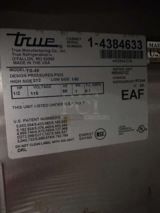 True TS-49 2-door stainless steel commercial refrigerator label, showing model, voltage, NSF and UL listings, and patents.