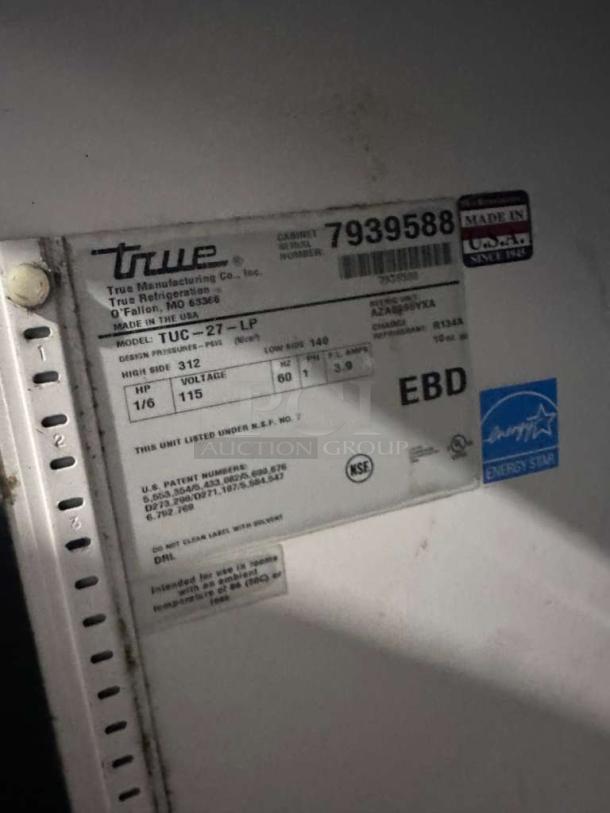 Label of True TUC-27-LP undercounter refrigerator, showing model details, NSF certification, and "Made in USA" marking.