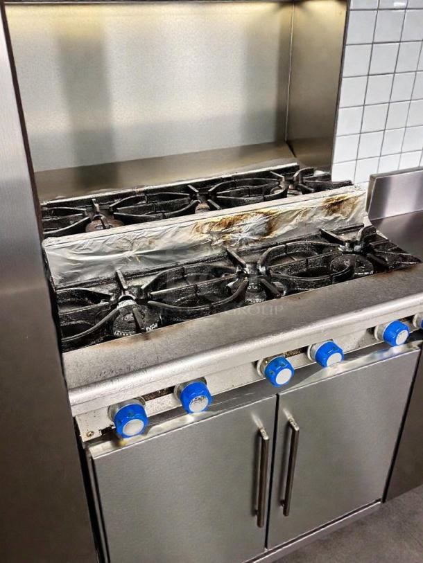 Imperial Range IHPA-6-36 6-burner commercial hot plate, excellent condition, stainless steel, with blue control knobs.