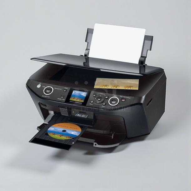 Epson Stylus Photo RX595 All-In-One Inkjet Printer in pristine condition, fully tested, with CD/DVD tray and control panel.