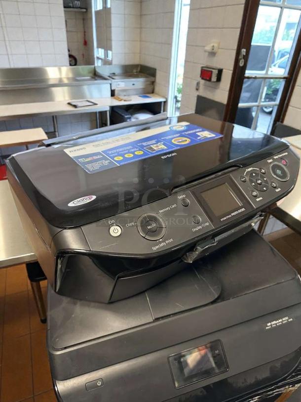 Epson Stylus Photo RX595 All-In-One Inkjet Printer, pristine condition, fully tested, labeled with features and controls.