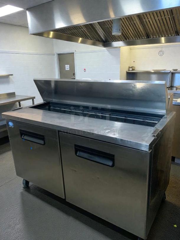 Pristine Blue Air BAPT50 sandwich prep table, 115V, stainless steel, dual-door, tested, fully working, commercial use.