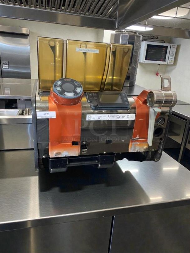 Nuova Simonelli Mythos espresso grinder, high-grade condition, orange-black body, fully tested, 115V, commercial use.