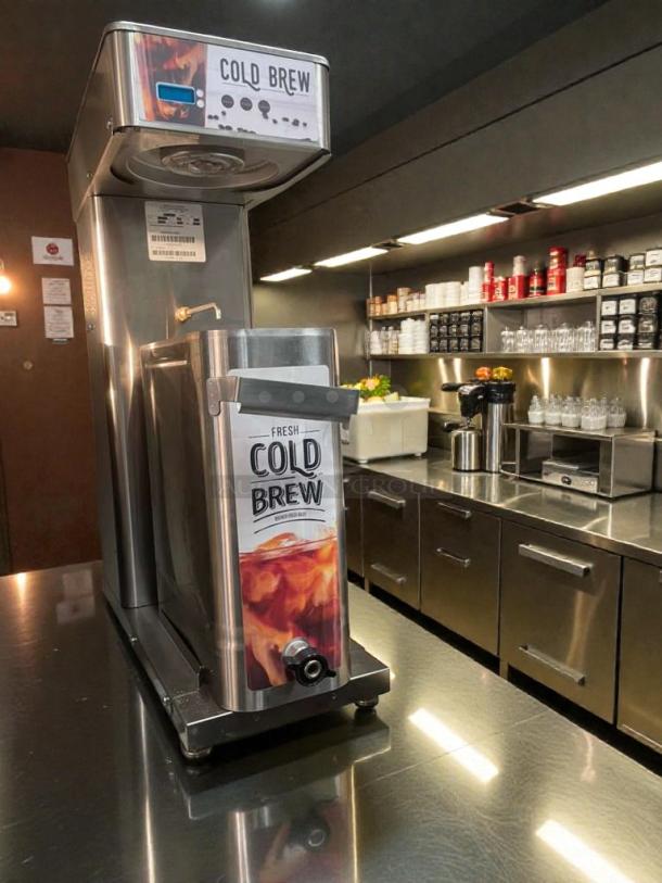Newco CLDBR-3.5G Cold Brew Dispenser in pristine condition, 120V, tested and working, stainless steel, with Cold Brew branding.