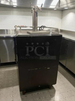 Kegco 3.4 CF stainless steel beer kegerator, model BEV-M-KGR-0186, with dual taps, minor scratches, fully tested, 32°F–50°F.