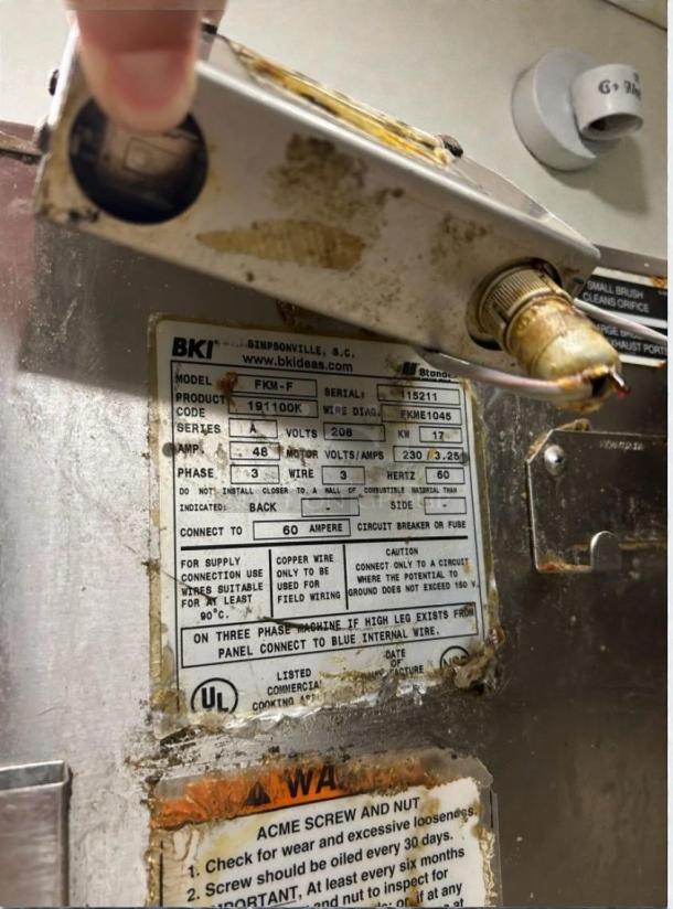 BKI FKM-F Commercial Pressure Fryer label showing model, voltage, and phase details. Worn condition, fully tested, 208V/3-phase.