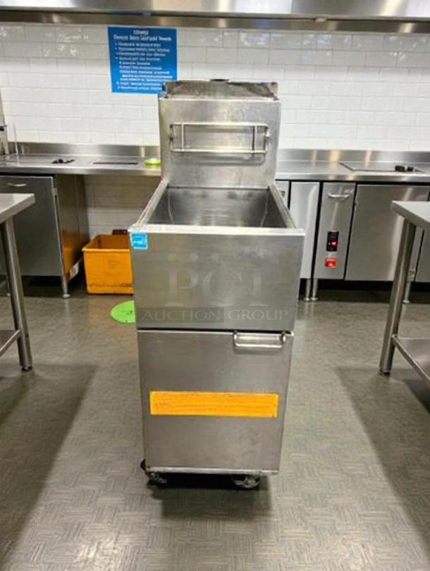 Frymaster Commercial Gas Fryer, natural gas, tested, fully working, stainless steel, model FRY-L-FRY-0226, mobile on casters.