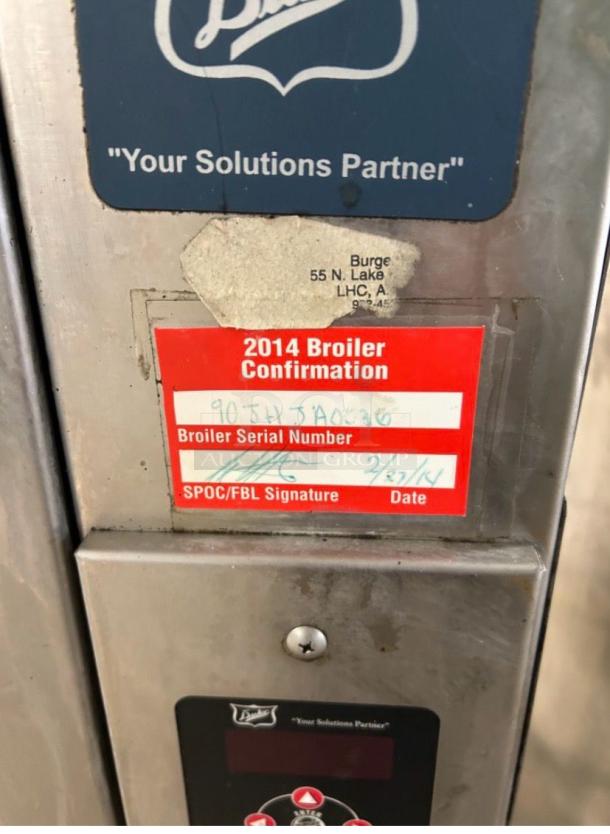 Duke Conveyor Broiler, model DUK-L-BRL-0227, shown with 2014 Broiler Confirmation tag and serial number. Premium condition.