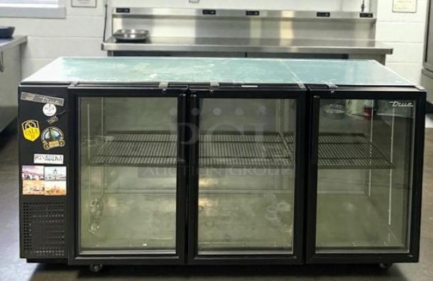 True 3-Section Back Bar Cooler with glass doors, high-grade condition, model TRU-L-BBC-3GL-0228, tested and fully working.