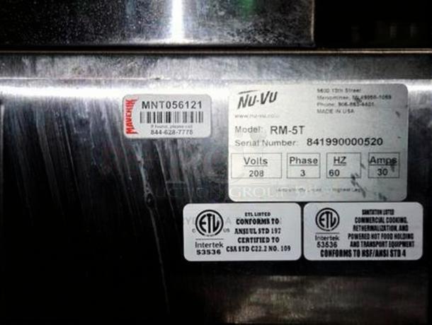 Nu-Vu RM-5T countertop convection oven with mobile stand, 208V/3 Phase, ETL certified, Model RM-5T, Serial 841990000520.