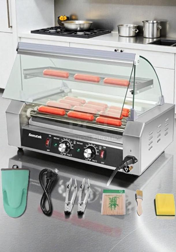 Seeutek CZ-7 Hot Dog Roller Grill, 7 rollers, 24 hot dog capacity, pristine condition, 120V, fully tested, includes accessories.