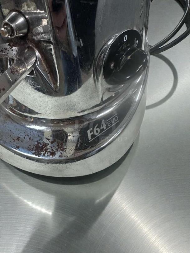 Fiorenzato F64E XGi espresso grinder, metallic finish, ETL listed, tested and operational, features electronic doser, Italy.