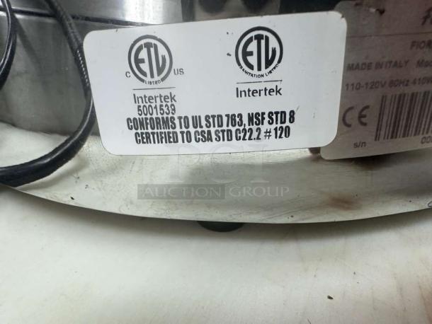 ETL label on Fiorenzato F64E XGi espresso grinder, showing compliance with UL STD 763, NSF STD 8, and CSA STD C22.2 #120.