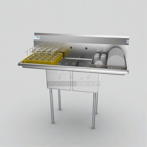 Brand new KoolMore SB121610-12B3 sink, two stainless steel compartments, dual drainboards, NSF certified, unused in box.