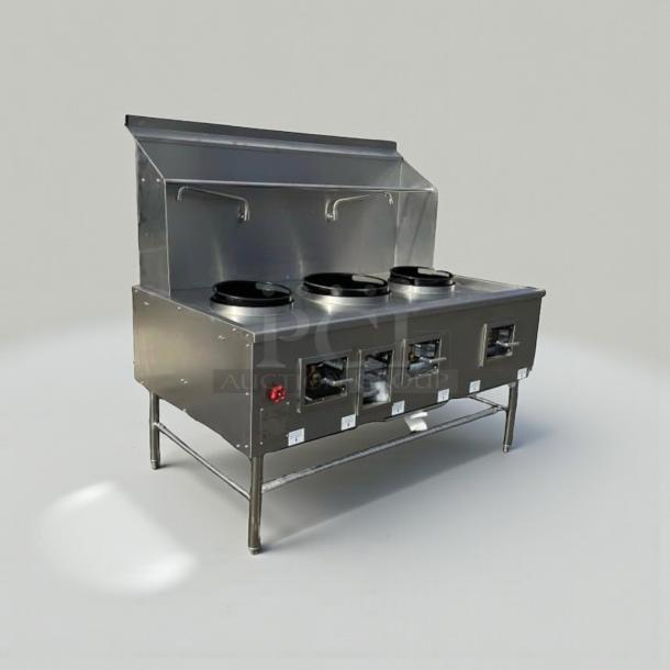Premium China Pacific Commercial 3-Ring Gas Wok Range, NSF Certified, fully operational, stainless steel, tested, Los Angeles, CA.
