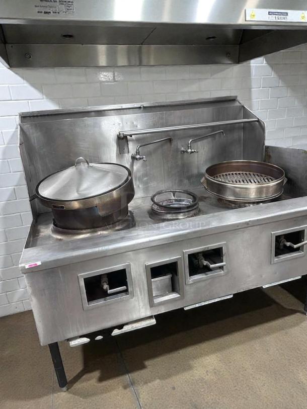 China Pacific Co. commercial gas wok range, 3-ring burners, NSF certified, fully operational, premium condition, model CP-L-RNG-0320.