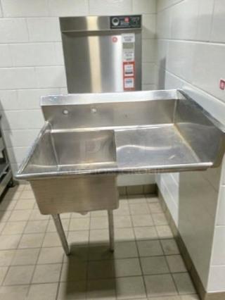 Stainless steel one-compartment commercial kitchen sink with right-side drainboard, NSF certified, fully tested, premium condition.