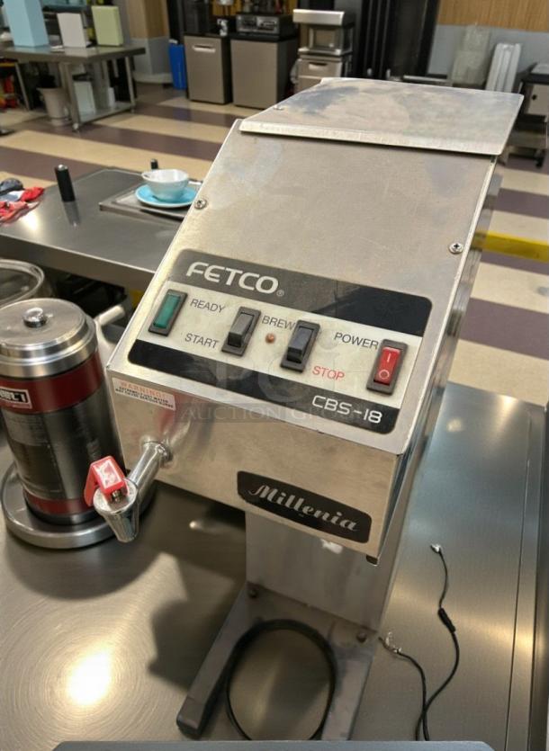Fetco CBS-18 commercial coffee brewer, outstanding condition, fully tested, features ready/brew/power controls, 120V/single phase.