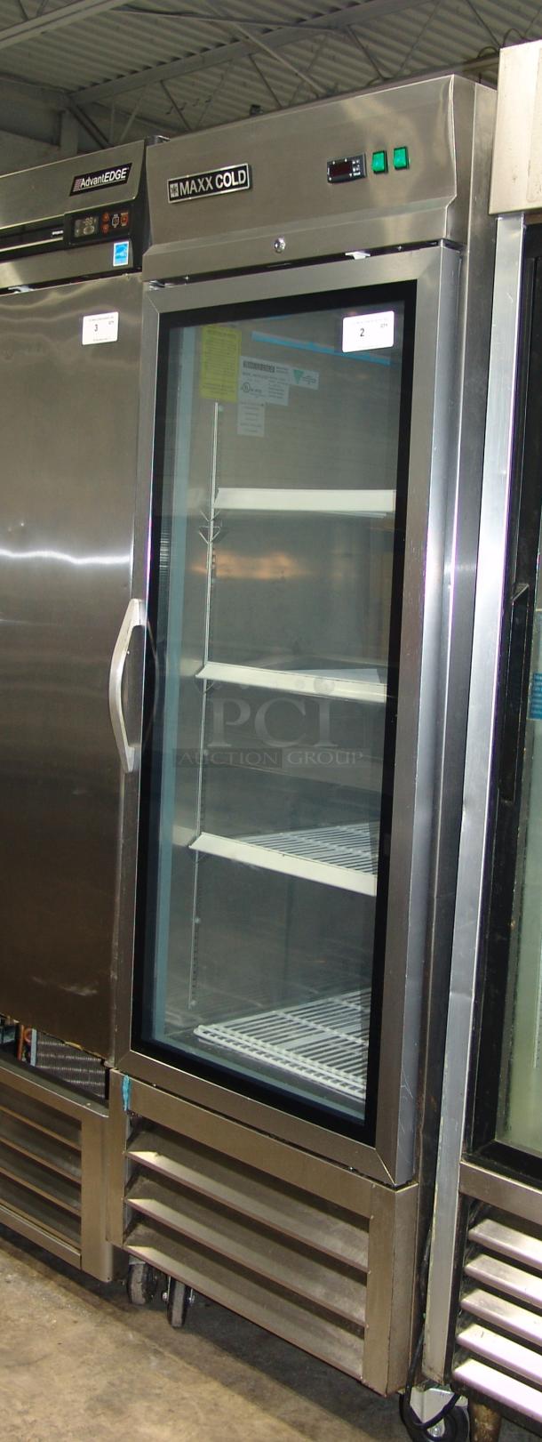 Maxximum MXCR-23GDHC 29" stainless steel reach-in refrigerator, 23 cu ft, glass door, adjustable shelves, excellent condition.