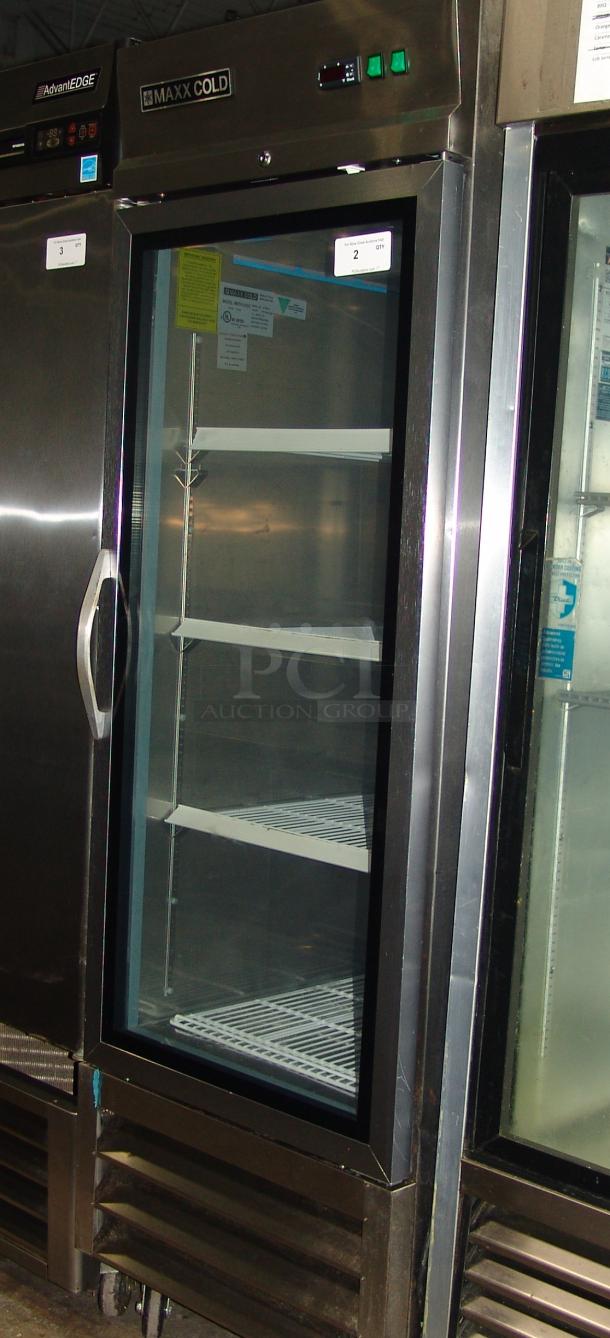 Maxximum MXCR-23GDHC 29" stainless steel reach-in refrigerator, 23 cu ft, glass door, shelving, excellent condition.