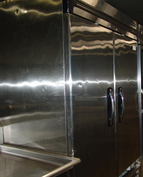 Norlake AdvantEdge R49-S stainless steel 2-door cooler, premium condition, with sleek design and sturdy handles.