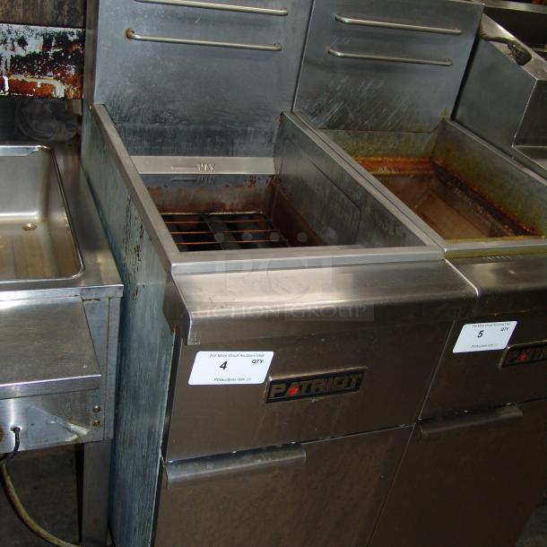 Patriot PT-F3-LP gas fryer, stainless steel pot, 15-1/2"W, 35-40 lb. capacity, excellent condition, visible logo and control markings.