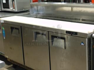True TDD-2 refrigerated prep table, stainless steel, two-door, Everest branding, with NSF and UL labels, in used condition.