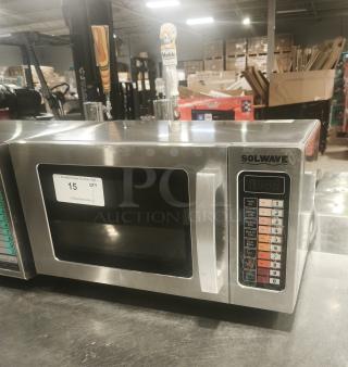 Solwave EM025FJT-S0SA00 stainless steel commercial microwave, 1000W, with push button controls, used condition, auction tag "15 QTY".
