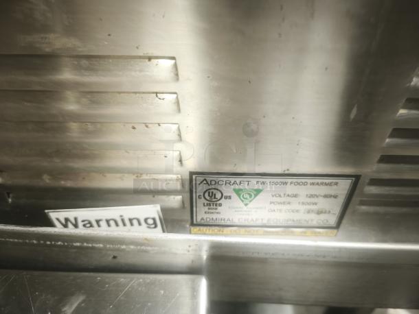 Adcraft FW-1500W Electric Food Warmer, 1500W, stainless steel, UL certified. Exceptional condition with warning label visible.