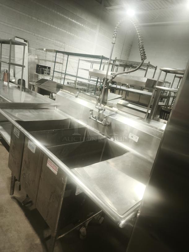 Heavy Duty Stainless Steel Butcher 3-Compartment Sink with faucet, in good condition, ideal for commercial kitchens.