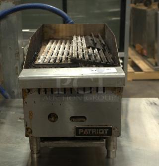 Patriot Gas Radiant Charbroiler, model PT-CB12-M, 12"W, used condition, metal exterior, visible branding on front panel.