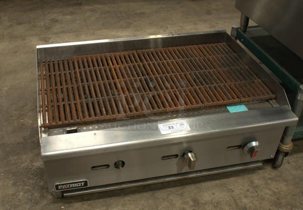 Patriot FMECTC-36/NG countertop griddle, chrome plated, 5 burners, 60", liquid propane, 150,000 BTU, visible control knobs.