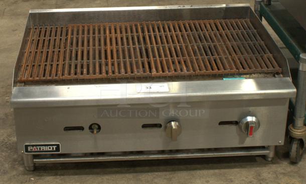 PATRIOT model FMECTC-36/NG griddle, chrome plated, dual knob controls, sturdy metal construction, visible PATRIOT label.