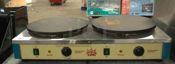 Carnival King dual non-stick 16" crepe maker, model TCM16DBL, excellent condition, 208/240V, features temperature controls.